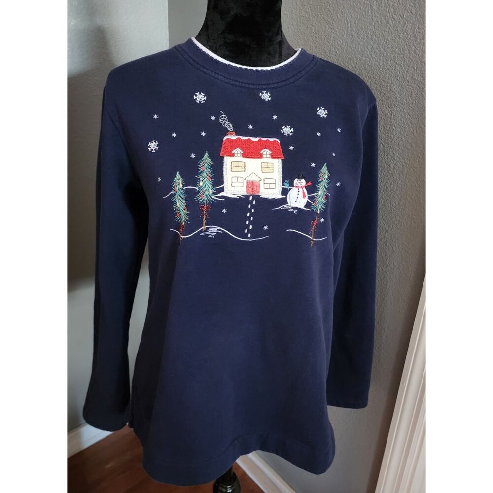 White Stag‎ Holiday Sweatshirt Size M 8/10 Navy Winter House Snowman